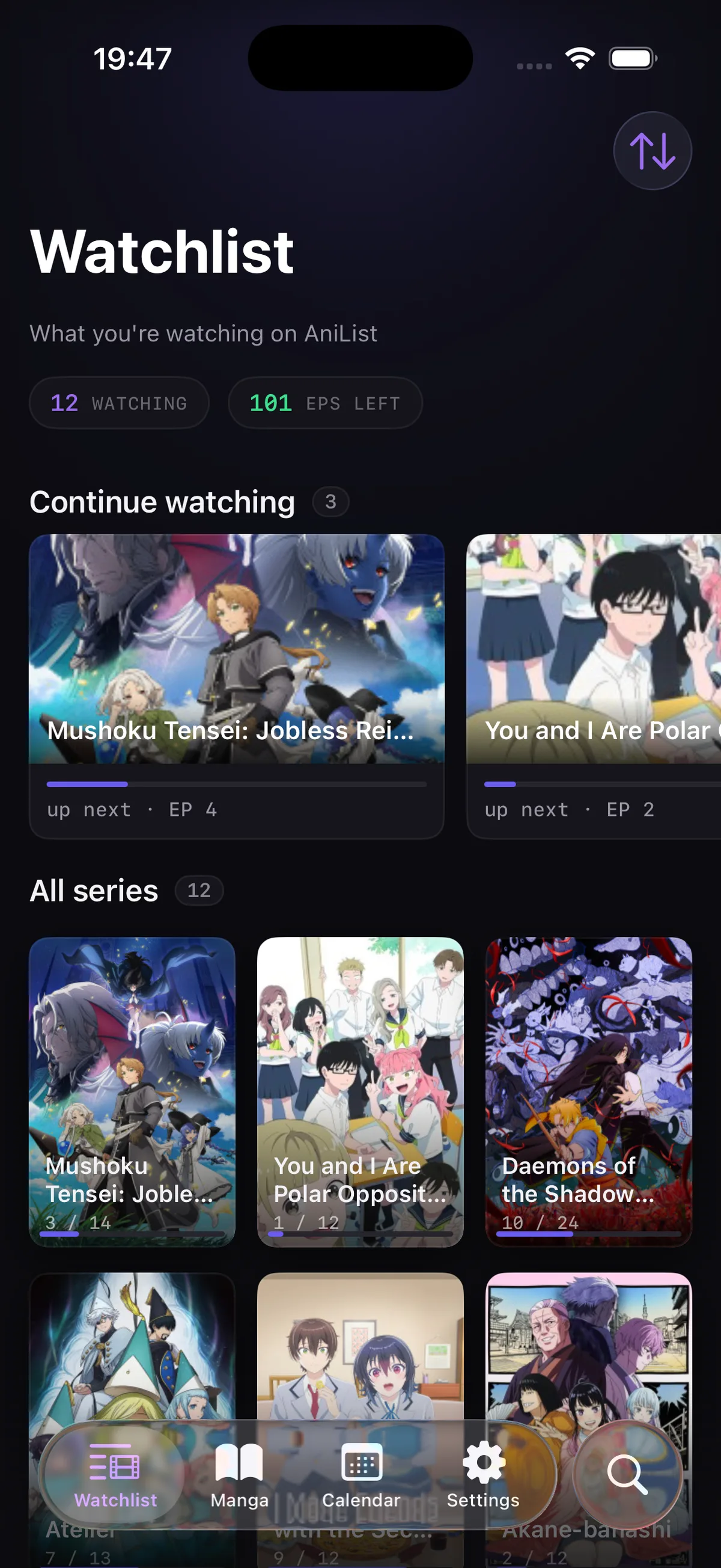 Aniplayer iPhone watchlist with continue-watching progress and anime poster grid