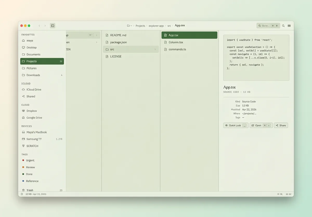 Explorer file manager with column navigation and a preview panel
