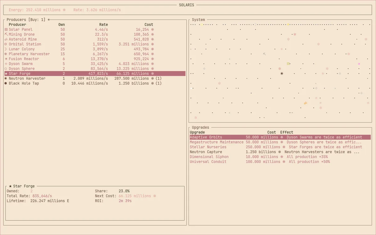 Solaris terminal game with energy production, upgrades and resources