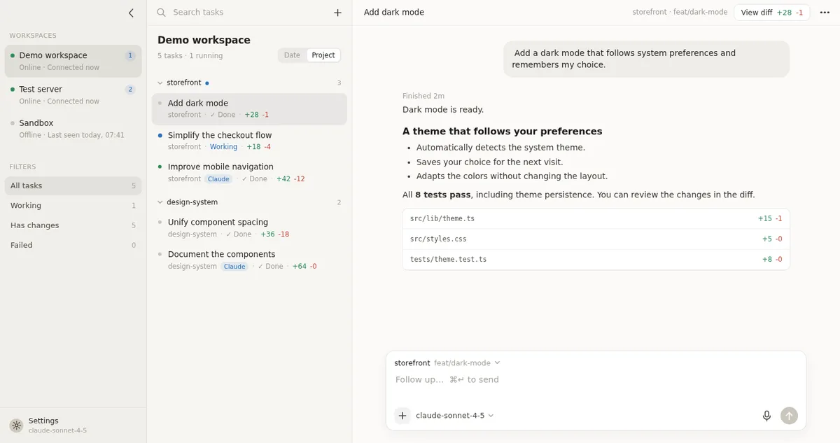 Sovereign desktop interface showing a conversation and project workspaces with demo data