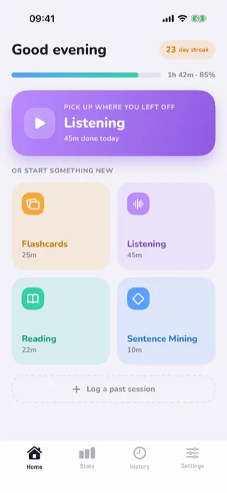 Traki home screen with language-learning modes and study progress